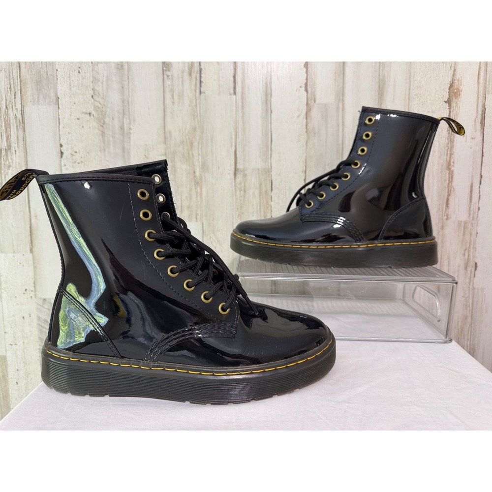 Dr. Martens Zavala Combat Boots Womens 7 Black Patent Leather Goth Grunge Edgy